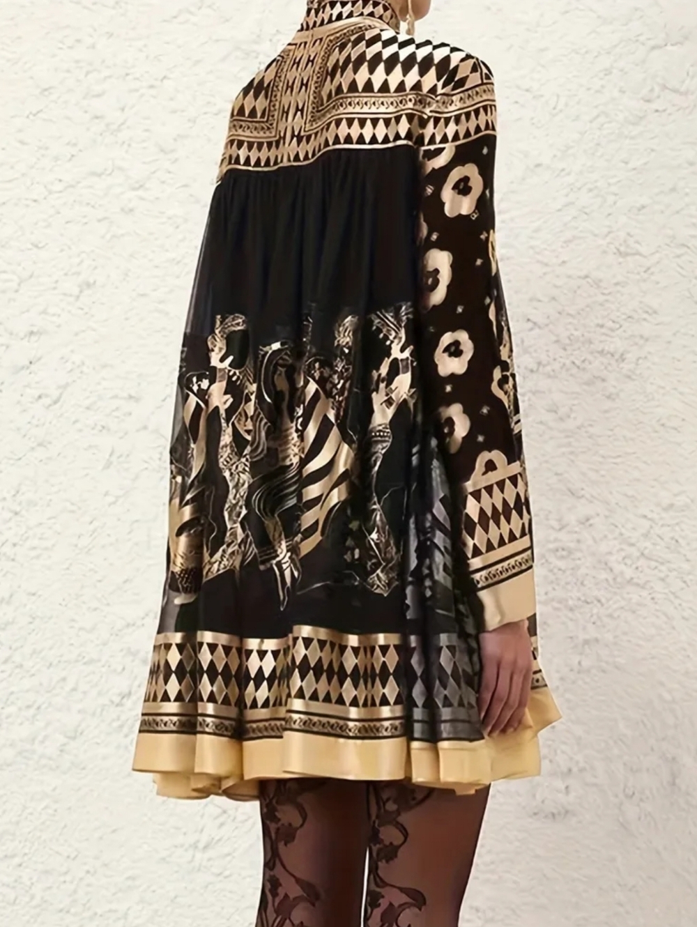Black & Gold High-Neck Printed Swing Dress - Picture 7 of 7
